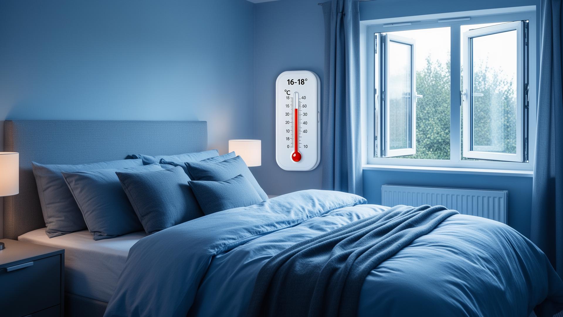 Bedroom temperature infographic showing optimal 16-18°C sleep temperature with thermometer and cozy UK bedroom