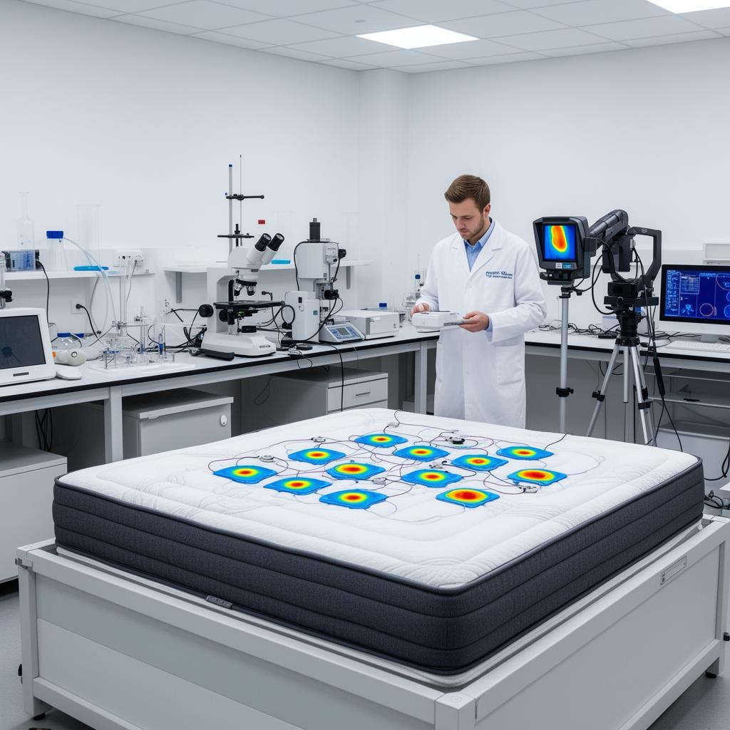 Professional mattress testing laboratory with pressure mapping sensors, thermal imaging camera, and scientific equipment