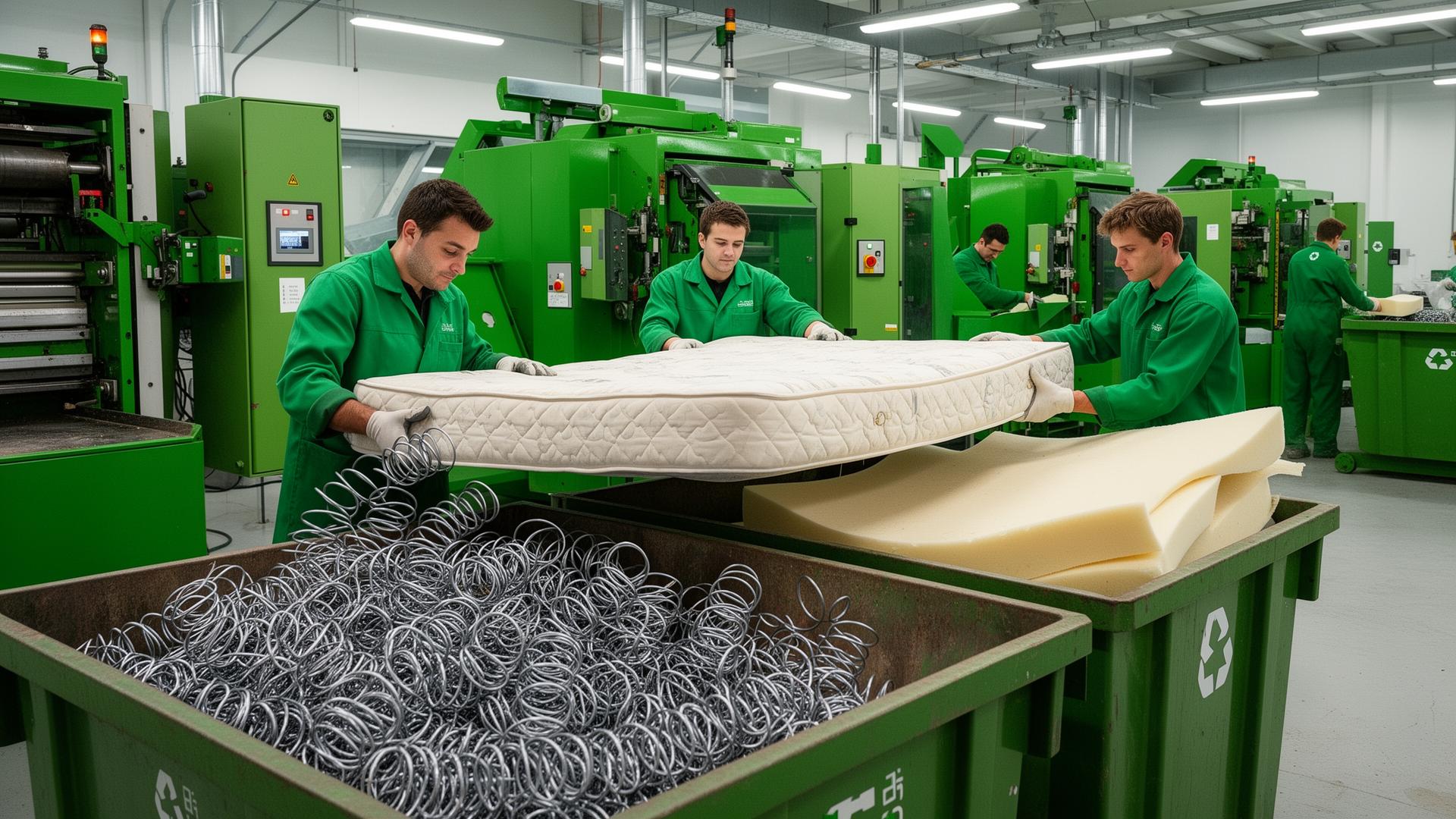 Mattress disposal and recycling scene showing old mattress being loaded onto recycling truck in UK
