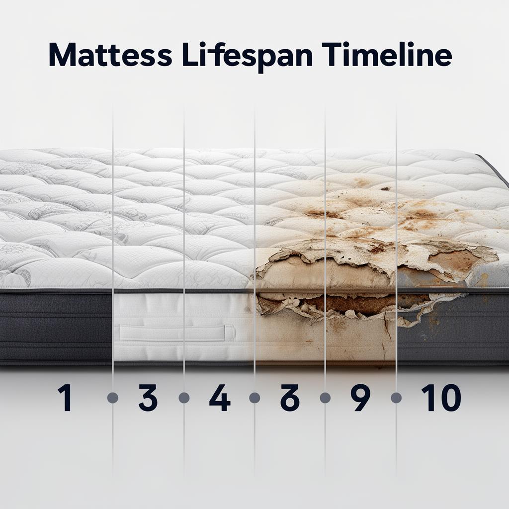 Mattress lifespan timeline showing progression from new mattress to worn over 10 years