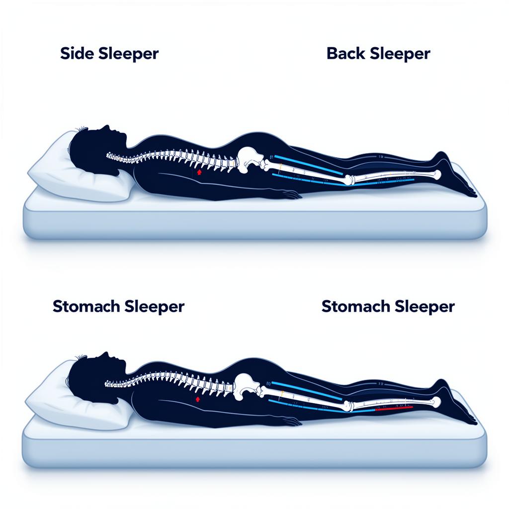 Infographic showing different sleep positions: side sleeper, back sleeper, stomach sleeper with spinal alignment indicators