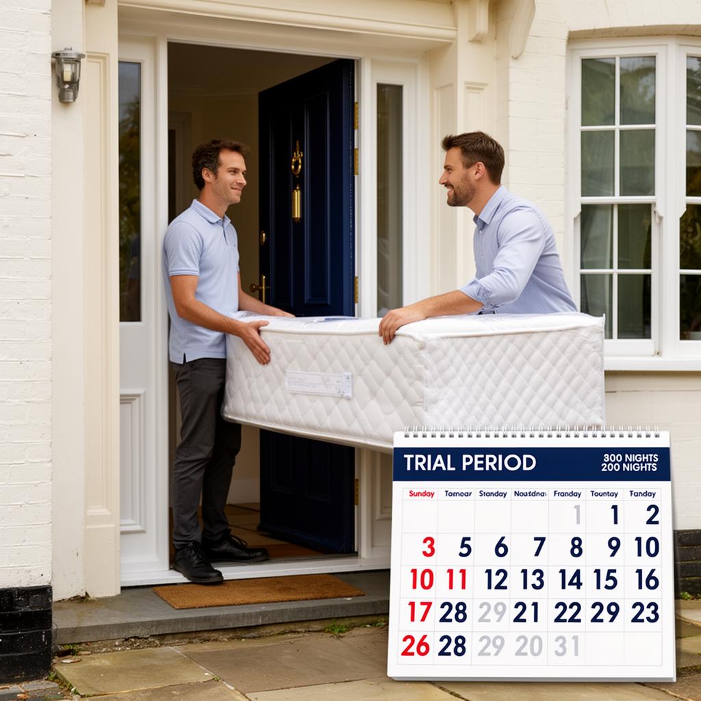 Customer receiving mattress delivery in UK home with trial period calendar showing 200 nights